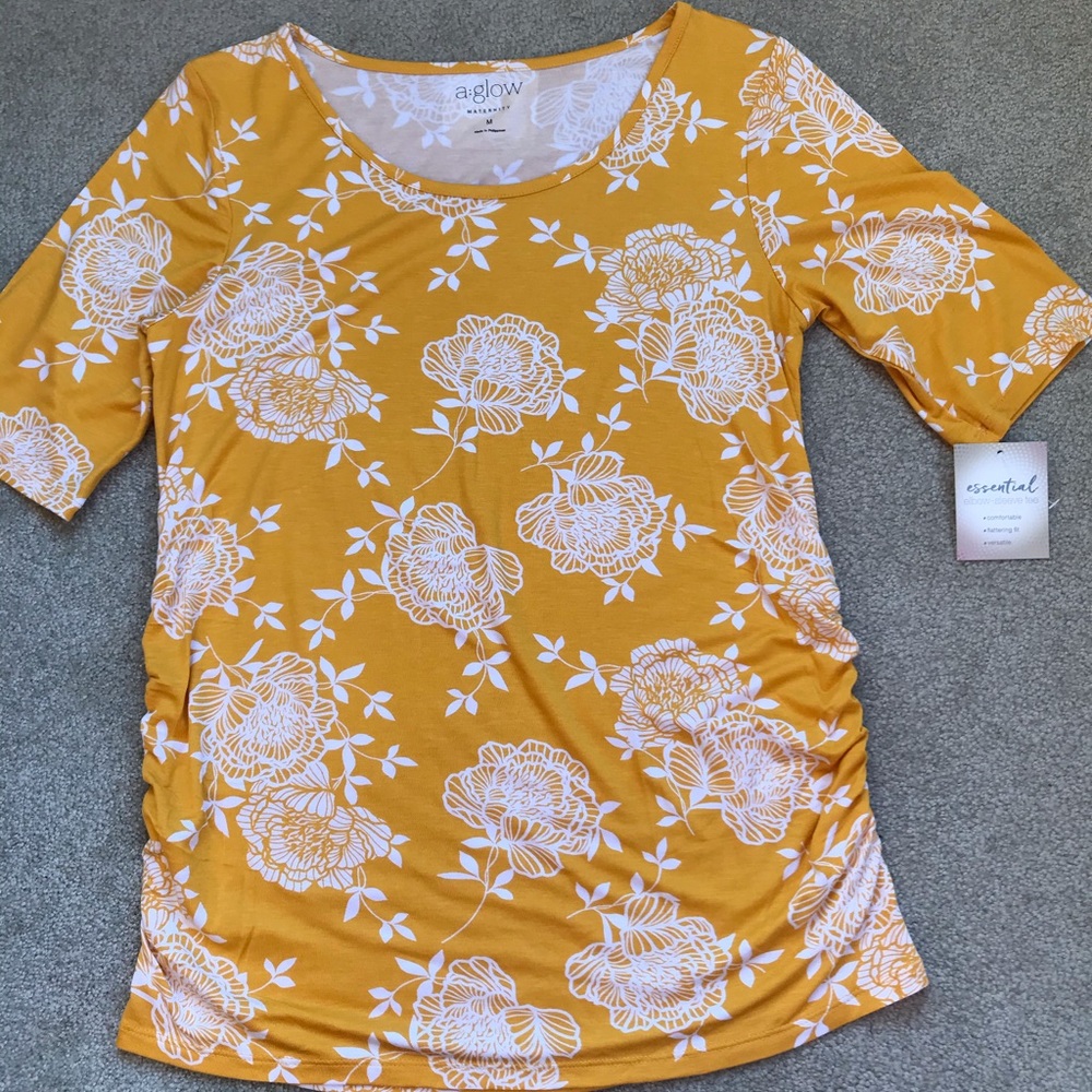 a:glow  RUCHED YELLOW FLORAL MATERNITY TOP
